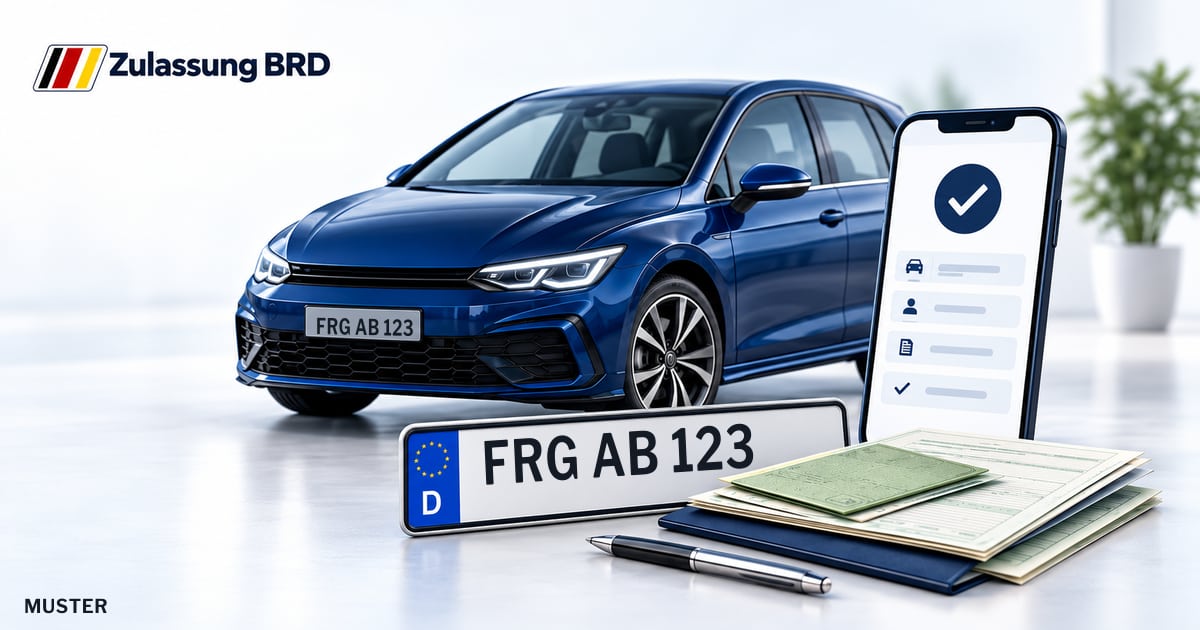 Online Fahrzeugzulassung in Freyung: Musterkennzeichen FRG AB 123, Auto und Fahrzeugpapiere und Smartphone. Illustration mit Logo von Zulassung BRD.